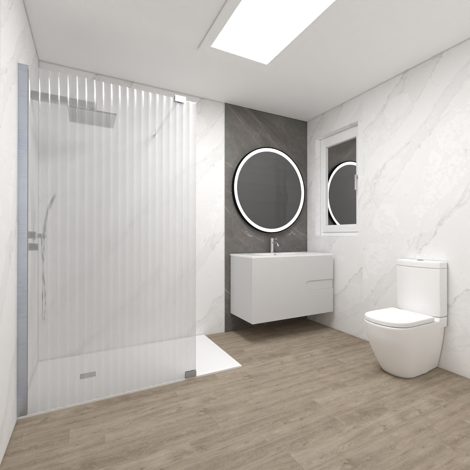 Baño moderno blanco y gris con plato de ducha blanco, mampara de cristal, mueble suspendido, espejo redondo iluminado y suelo efecto madera