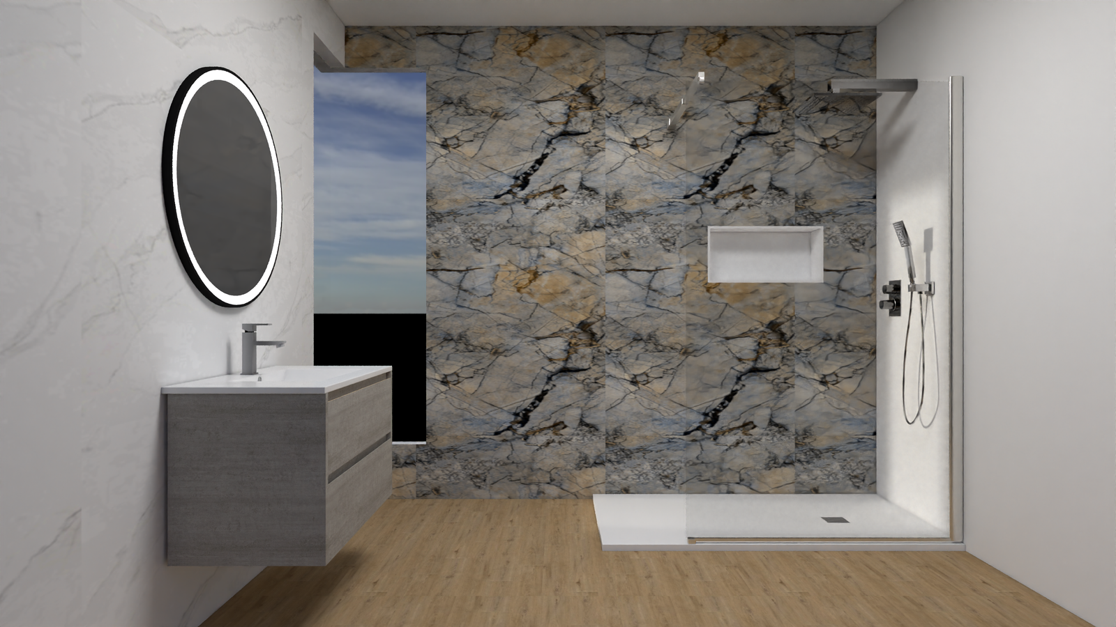 Baño moderno con revestimiento decorativo efecto mármol gris, azul y dorado, plato de ducha blanco, mampara transparente, hornacina, mueble suspendido gris y espejo ovalado iluminado