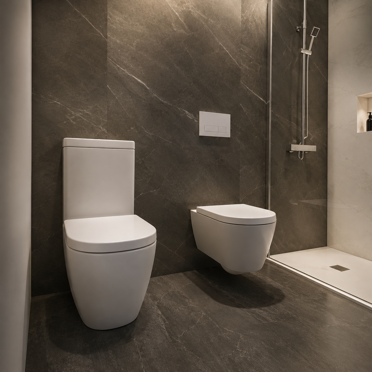 Baño moderno con revestimiento de piedra gris oscura, plato de ducha blanco, mampara de cristal, columna de ducha cromada y sanitarios blancos