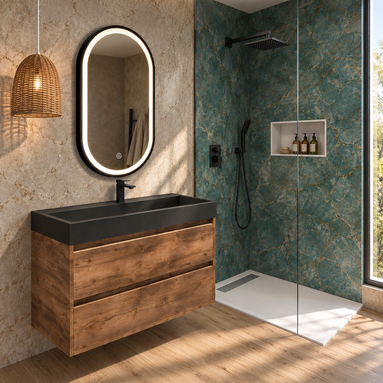 Baño moderno de diseño con revestimiento verde azulado veteado, mueble suspendido efecto madera, lavabo negro, espejo ovalado iluminado, plato de ducha blanco, mampara transparente y hornacina