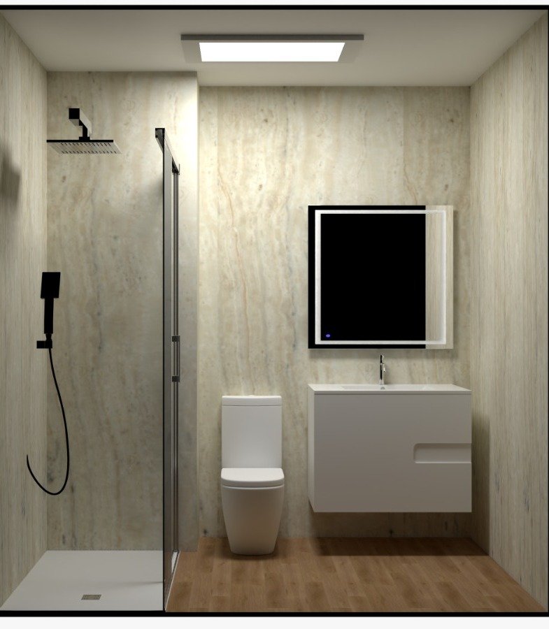 Baño moderno con plato de ducha blanco, mampara transparente, grifería negra, mueble suspendido blanco y revestimientos efecto piedra y madera