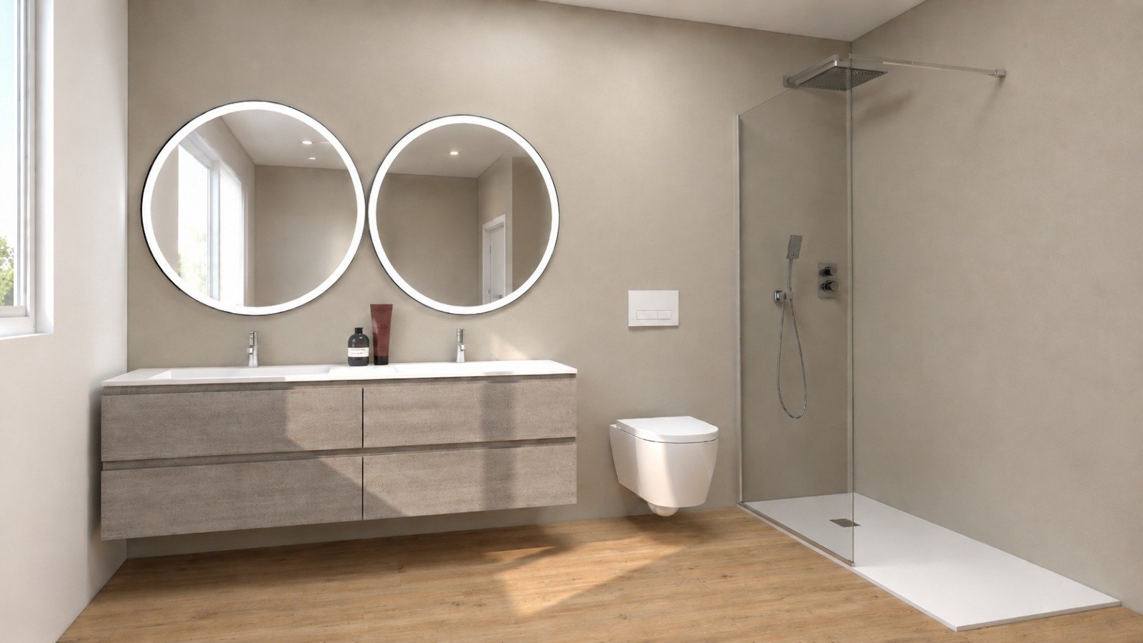 Baño moderno con doble lavabo, mueble suspendido, dos espejos redondos iluminados, plato de ducha blanco, mampara transparente y suelo efecto madera