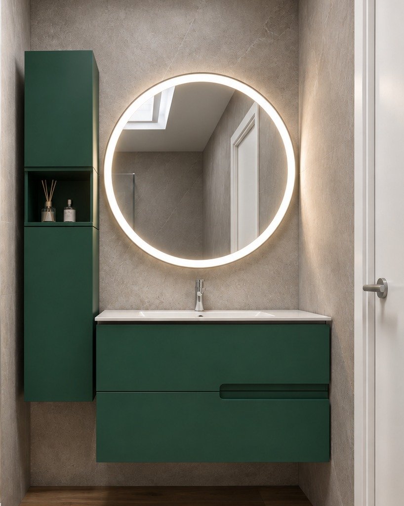 Baño contemporáneo con mueble de lavabo suspendido verde oscuro, columna auxiliar a juego, lavabo blanco y espejo circular retroiluminado
