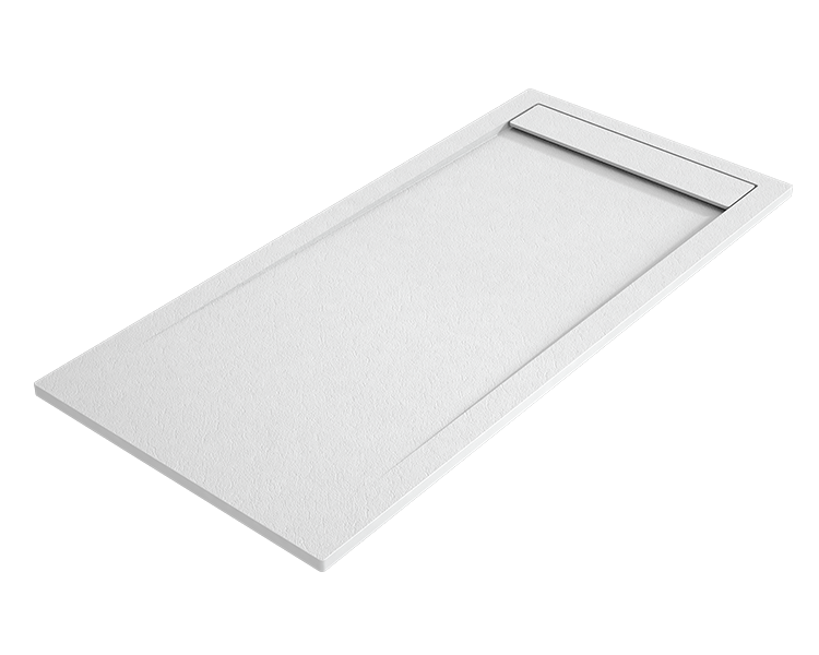 Plato de ducha Ámbar blanco en perspectiva, con tapa de desagüe integrada